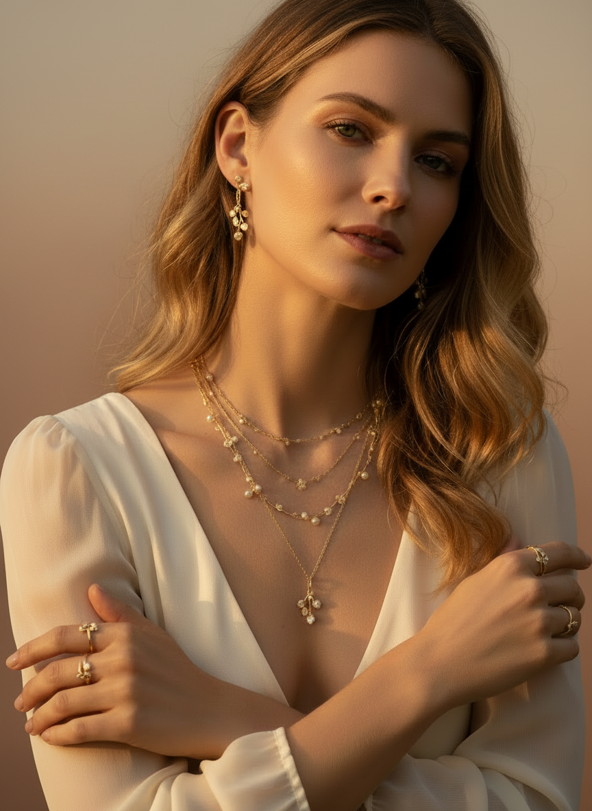 A softly lit, feminine and elegant hero image featuring a close-up of a woman wearing delicate handcrafted fine jewelry in warm gold tones, styled in a refined, editorial way. The background is minimal and softly blurred, using colors that harmonize with a sophisticated, neutral, and gold-accented luxury jewelry brand aesthetic.